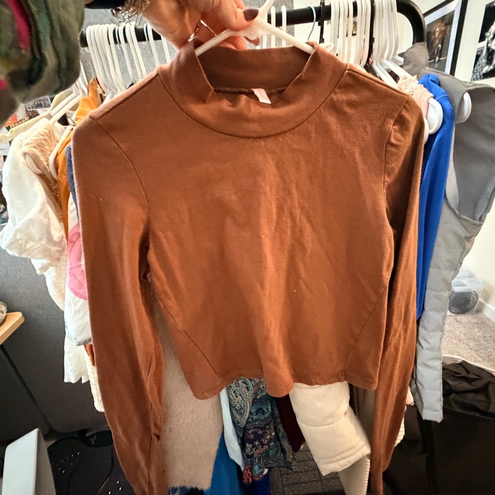 FP Movement by Free People Brown Cropped Mock Neck Long Sleeve Top